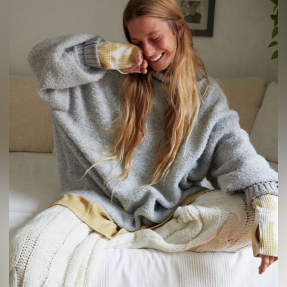 Free People Oversized Heather Gray & Mustard Cozy Sweater